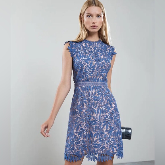 Reiss Maika Blue Floral Lace Open Back Dress Size 10 Cocktail Wedding Guest - Picture 3 of 14